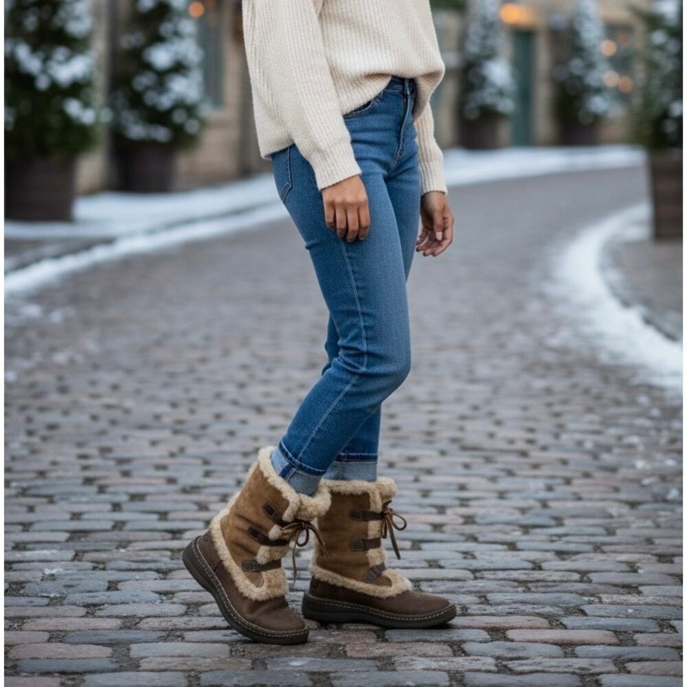 Born Leather Booths Shearling faux fur Lined Lace Up Winter Size 6 Brown Cream